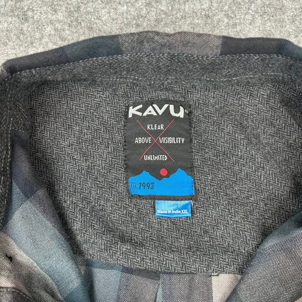 KAVU Buffaroni Mens XXL Plaid Flannel Shirt Grey Blue Long Sleeve Button Down
